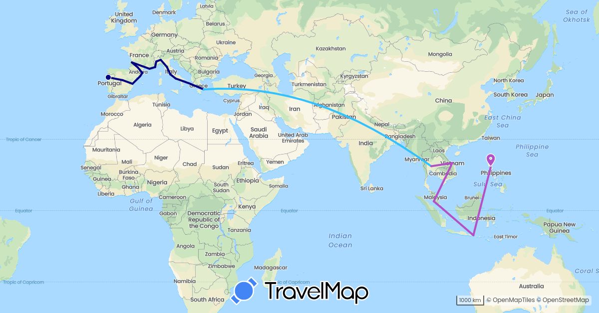 TravelMap itinerary: driving, train, boat in Spain, France, Greece, Indonesia, Italy, Malaysia, Philippines, Portugal, Singapore, Thailand, Vatican City (Asia, Europe)